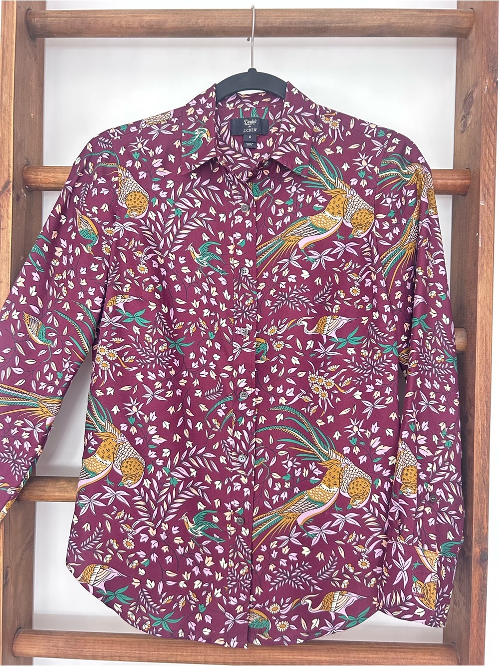 J. Crew Drake London Silk button down blouse shirt size 0 Birds of Paradise